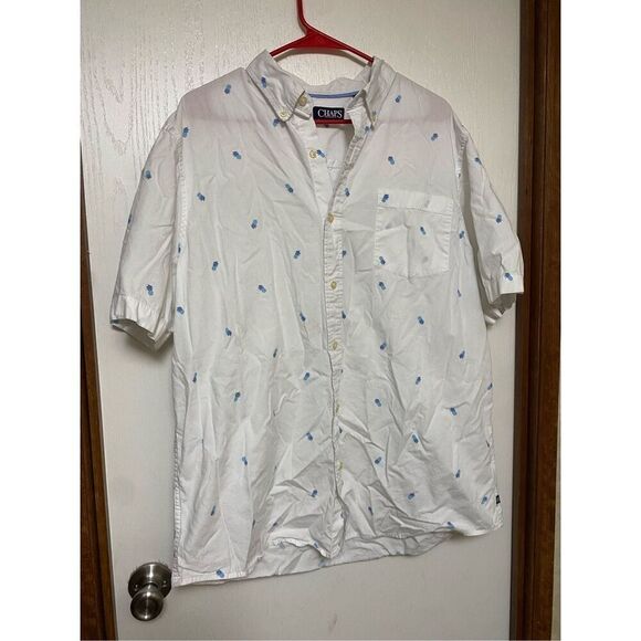Chaps Classic Fit Pineapple Print Button Down Short Sleeve Shirt White XL - Picture 2 of 5